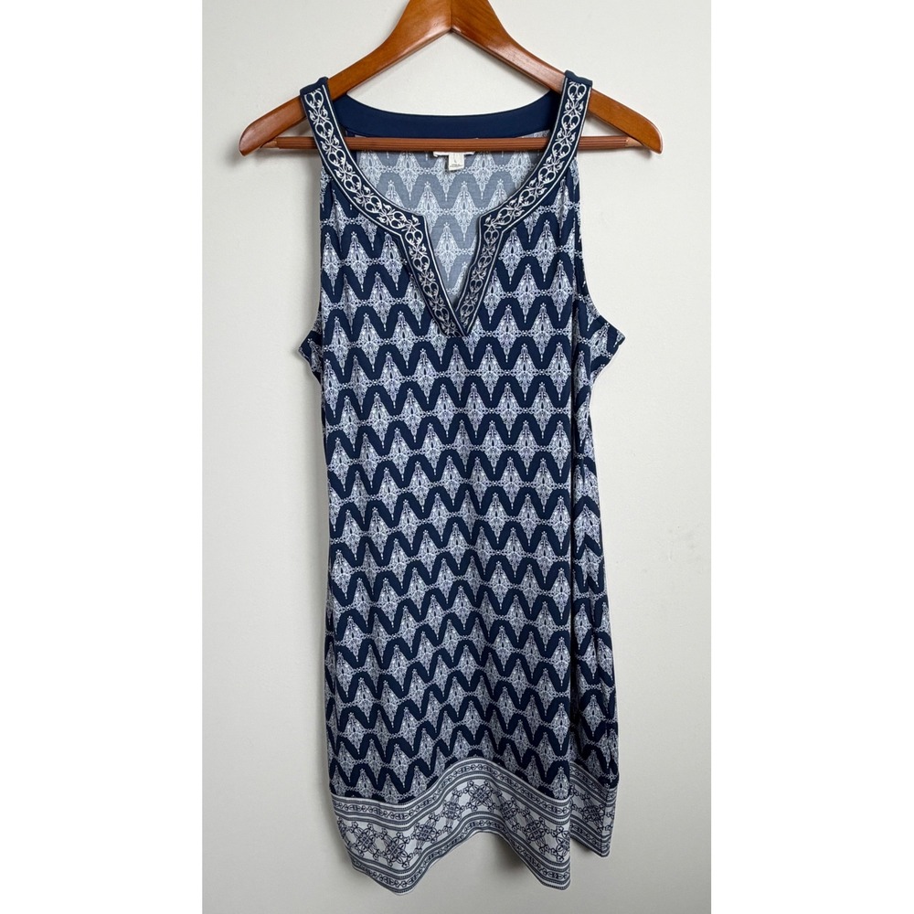 Magnolia Grace Dress Womens L Navy White Geometric Embroidered Sleeveless